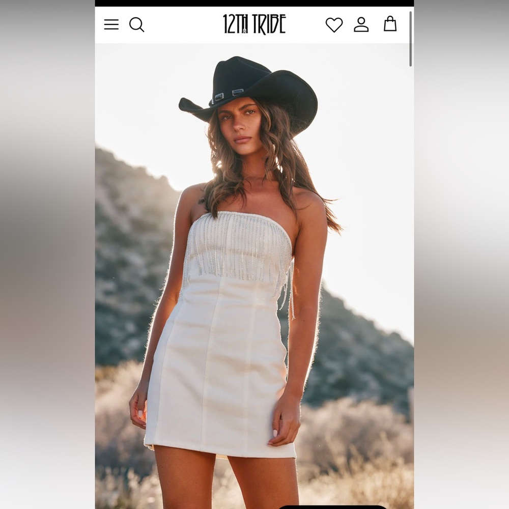 Rylie White Denim Strapless Fringe Mini Dress
